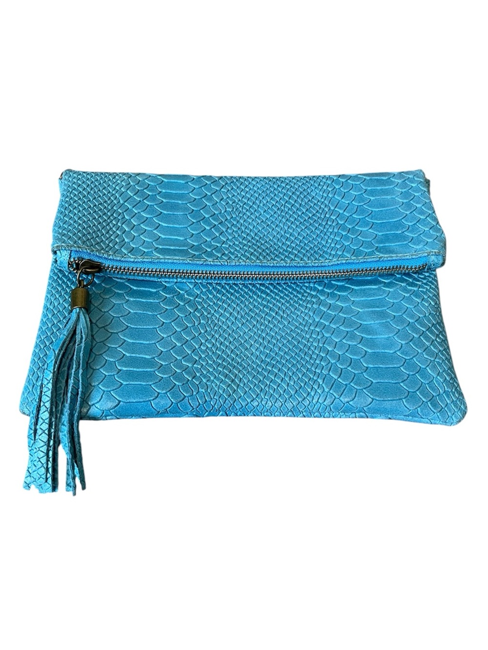 Turquoise Blue Snakeskin Embossed Leather Foldover Clutch Tassel Bag
